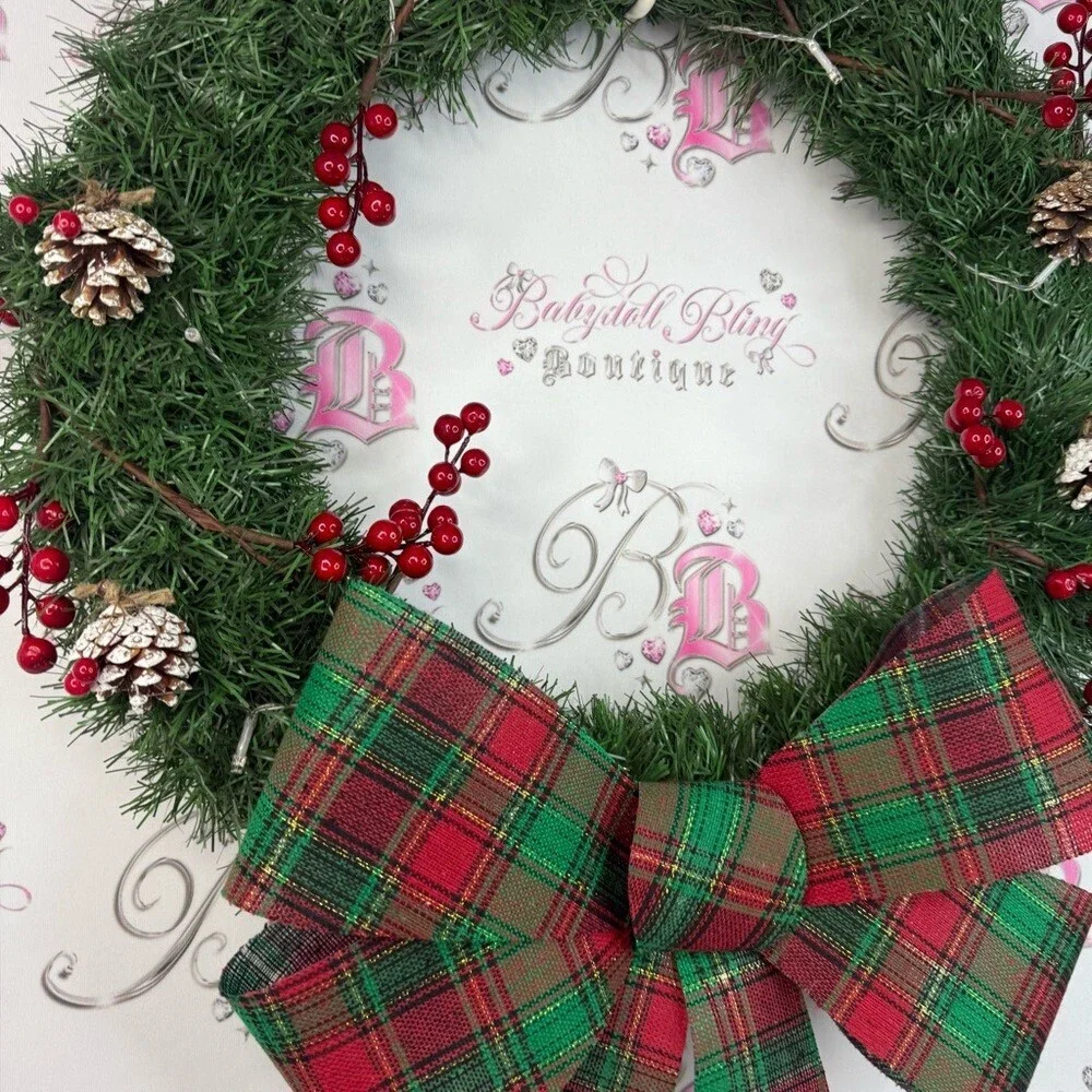Wreath light up Festive Holiday Wreath acorns Red and Green Plaid Bow lights